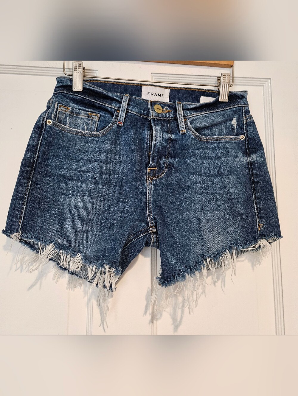 Frame Denim Blue Jean Shorts with Gold Button